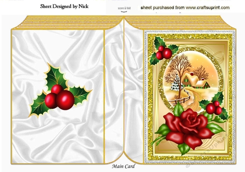 pretty snow cottage with red rose and holly A5 folded book