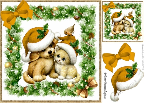 cute puppy and kitten in  gold santa hats in festive frame 8x8 