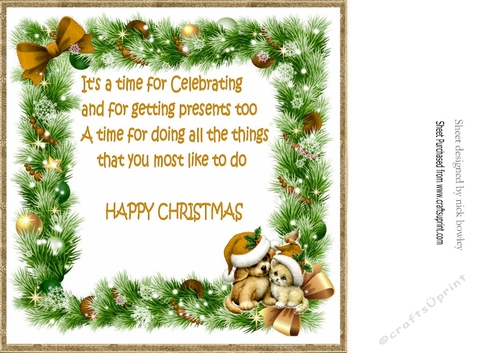 cute puppy and kitten in  gold santa hats in festive frame 8x8 insert with verse