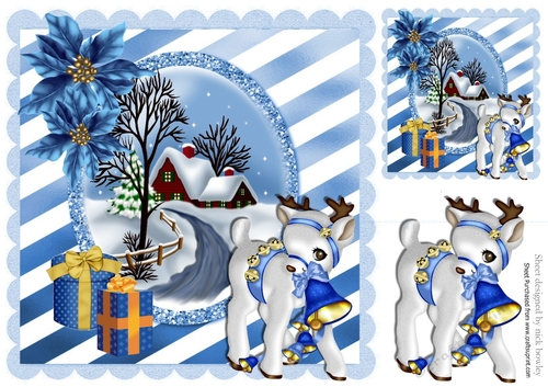 Pretty blue snow scene with poinsettias & reindeer 8x8