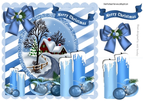 pretty blue candles with bow and cottage with snow 8x8
