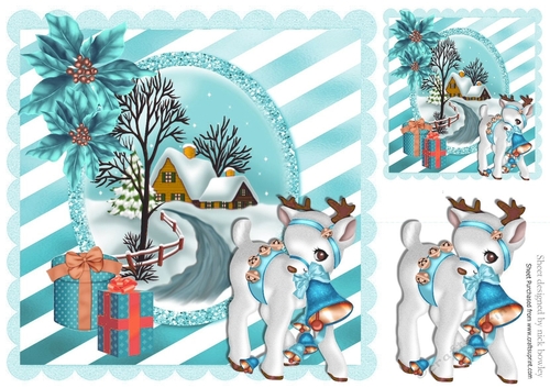 Pretty turq snow scene with poinsettias & reindeer 8x8