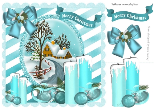 pretty turq candles with bow and cottage with snow 8x8