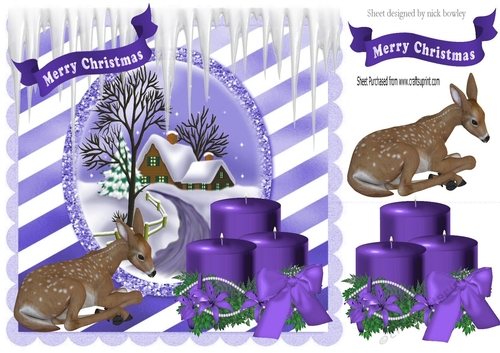 pretty purple candles with deer and snow cottage 8x8