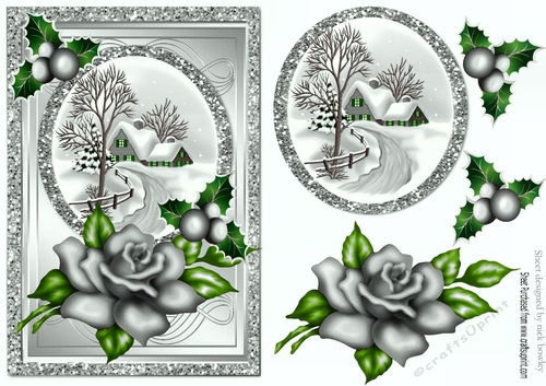 pretty snow cottage with silver rose and holly A5