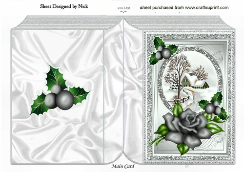 pretty snow cottage with silver rose and holly A5 folded book