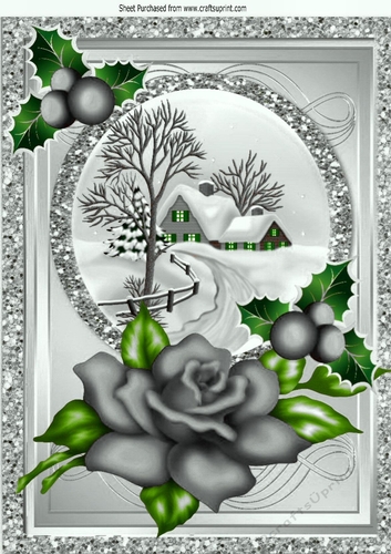 pretty snow cottage with silver rose and holly A4