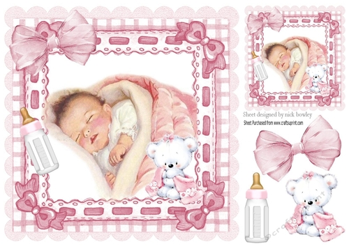 Sweet baby girl in bow frame with her bottle 8x8