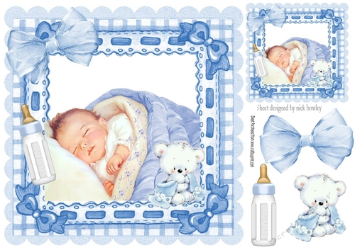 Sweet baby boy in bow frame with his bottle 8x8