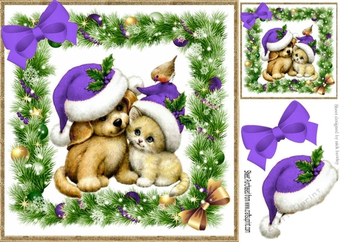 cute puppy and kitten in purple santa hats in festive frame 8x8