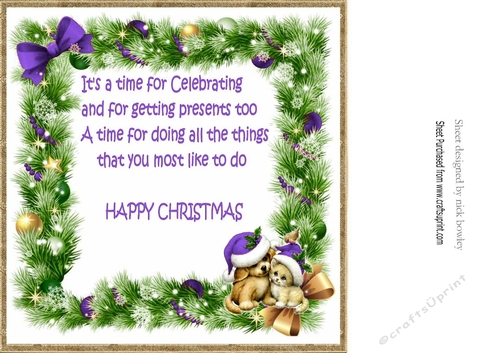 cute puppy and kitten in purple santa hats in festive frame 8x8 insert with verse