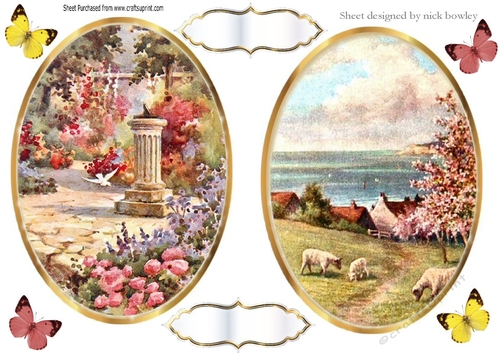 two pretty floral scenes toppers with butterflies