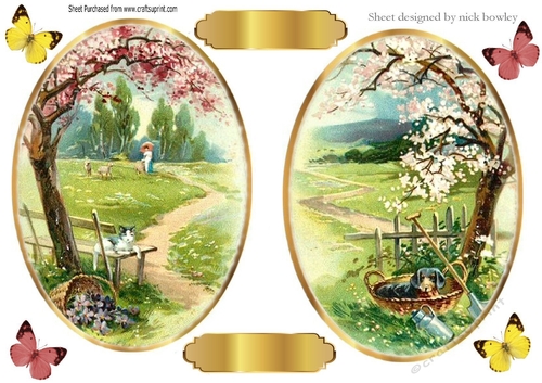 two pretty meadow scenes with flowers and puppy toppers with butterflies