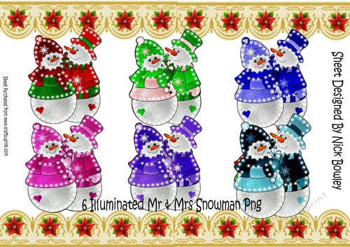 6 Lovely Illuminated Mr & Mrs Snowmen Couple Png