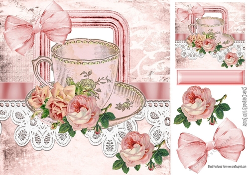 painted vintage teacup with roses and bow with lace 8x8