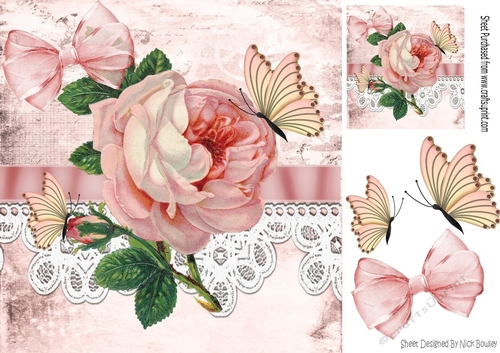 Big pink rose with butterflies, bow & lace 8x8