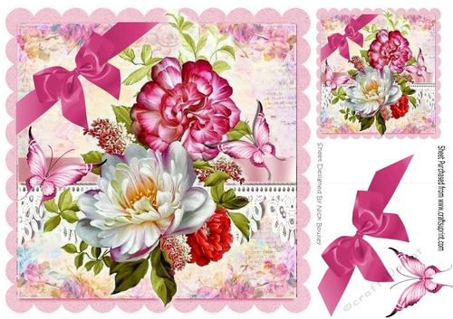 pretty flower arrangrement  with lace , bow and butterflies 8x8