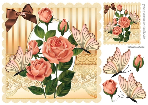 pretty peach roses with brown satin bow & butterflies 8x8