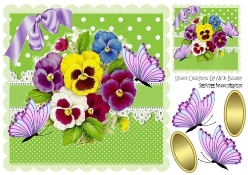 pretty coloured pansies on lace with lilac butterflies 8x8