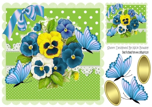 pretty blue shades of pansies on lace with blue butterflies 8x8