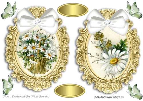 two pretty ornate gold frame toppers with white daisies & bow