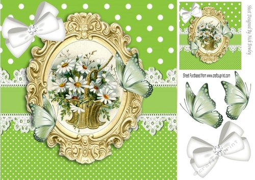 pretty daisies in a basket with lace and butterflies 8x8