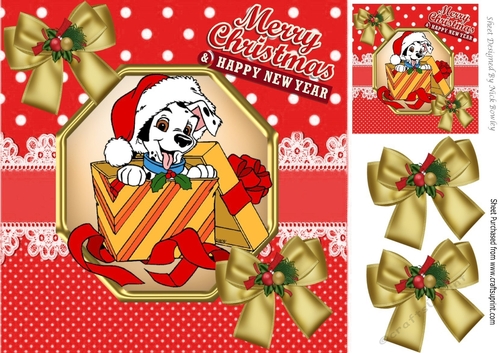 Cute Dalmation puppy with christmas present & bows 8x8