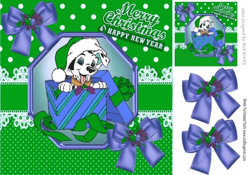 Cute Dalmation puppy in green santa hat with christmas present & bows 8x8