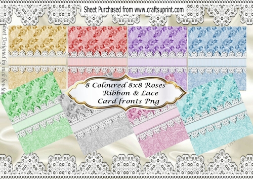 8 Lovely 8X8 Coloured Roses ribbon & Lace Card fronts png