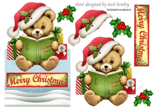 little teddy reading hymns in santa hat over the edge