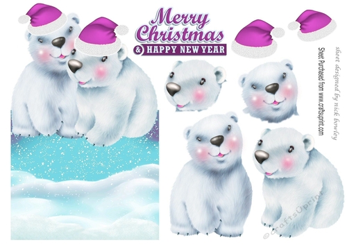 cute pair of polar bears in pink santa hats over the edge