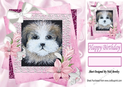 cute painted puppy with pink/white lilies and sparkle bow with lace 8x8