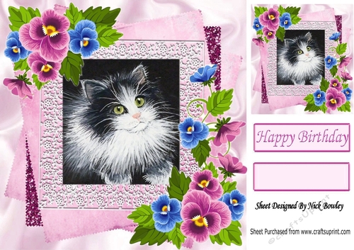 painted black & white kitten with pansies in stacked frame 8x8