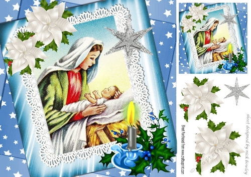 Lovely scene with mary and baby jesus with candle & star 8x8