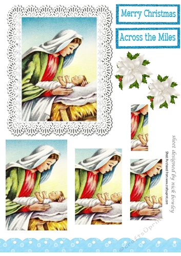 Lovely scene with mary and baby jesus on lace with pyramids