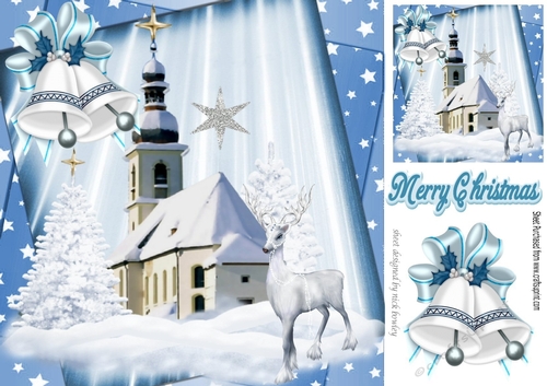 Pretty church in the snow with deer and bell 8x8