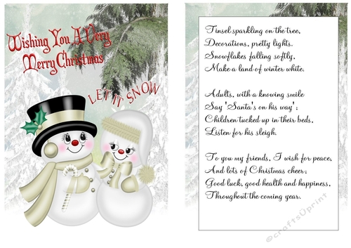 Lovely snow scene with snow men card front with insert