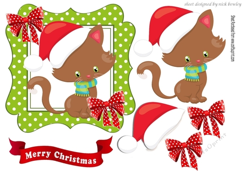 cute kitty in santa hat with red polka dot bows