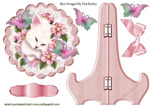 cute kitten with flowers on lace plate with stand & bow