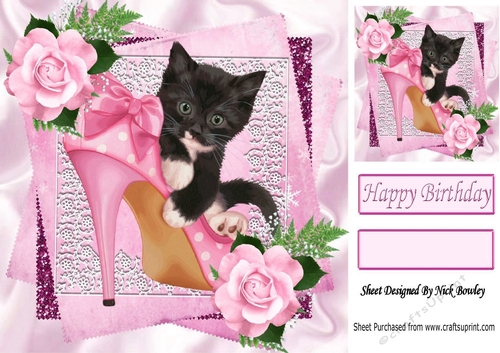 Cute black kitten in shoe with pink roses 8x8