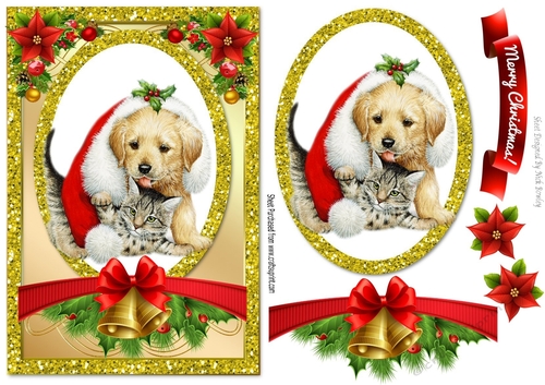 Cute puppy with kitten in santa hat with topper/card front