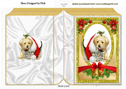 Cute puppy with kitten in santa hat in glitter frame folded book