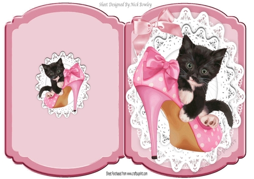 black kitten in pink shoe with bow on lace bracket card