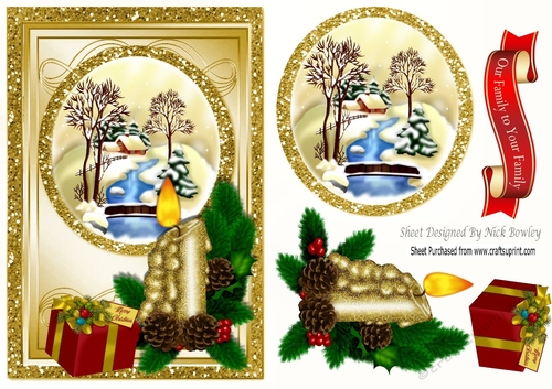 Cottage with a stream in the winter with candle card front