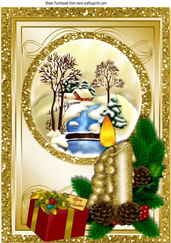 Cottage with a stream in the winter with candle card front A4