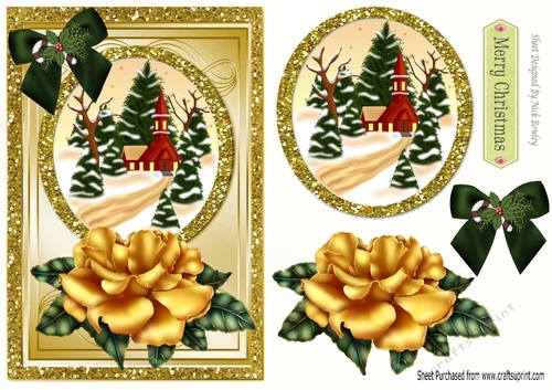 Pretty church in the snow with gold rose, card front