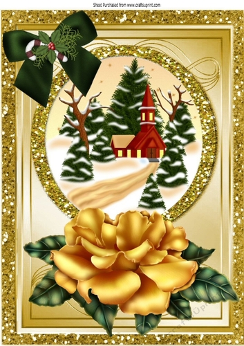 Pretty church in the snow with gold rose & bow A4
