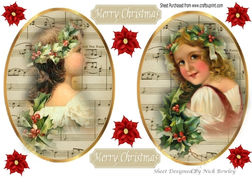 two lovely faded christmas vintage girls with music script toppers