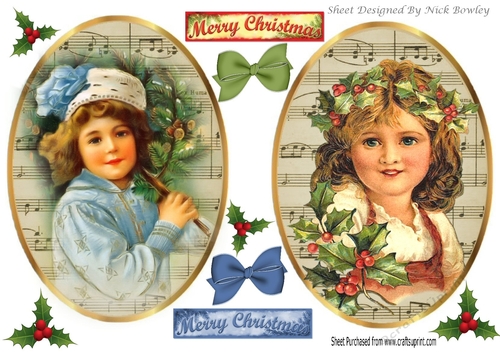 two lovely faded christmas vintage girls with music  & bows script toppers