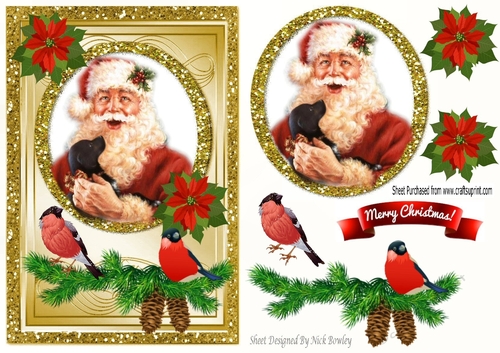 santa with puppy and robins with poinsettias card front